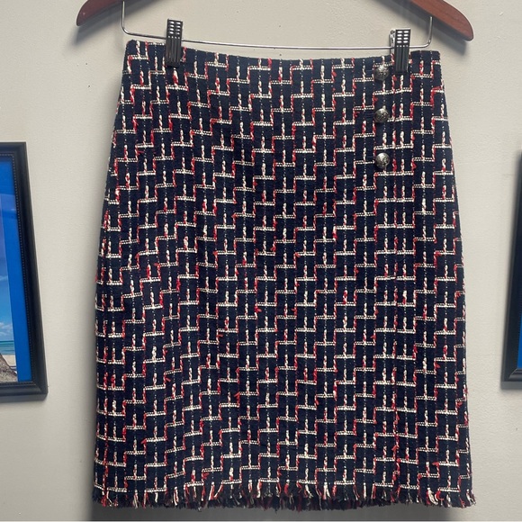 Talbots textured tweed pencil skirt fringe hem, Navy/Red size 4P - Picture 5 of 6